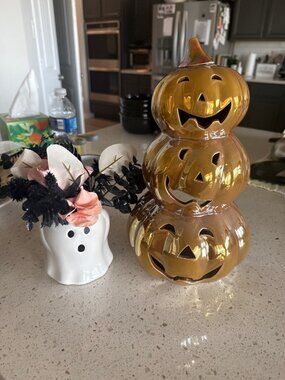 🎃 Halloween Decor Set | Brand New Gold Stacked Pumpkin & Ghost Floral Vase